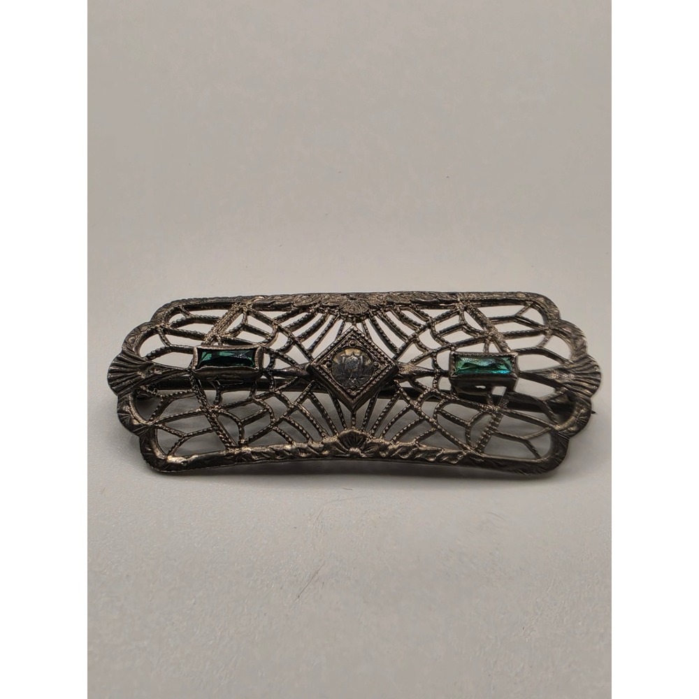 SAM Sterling Silver Art Deco Filigree Bar Brooch Green Glass Stones Antique